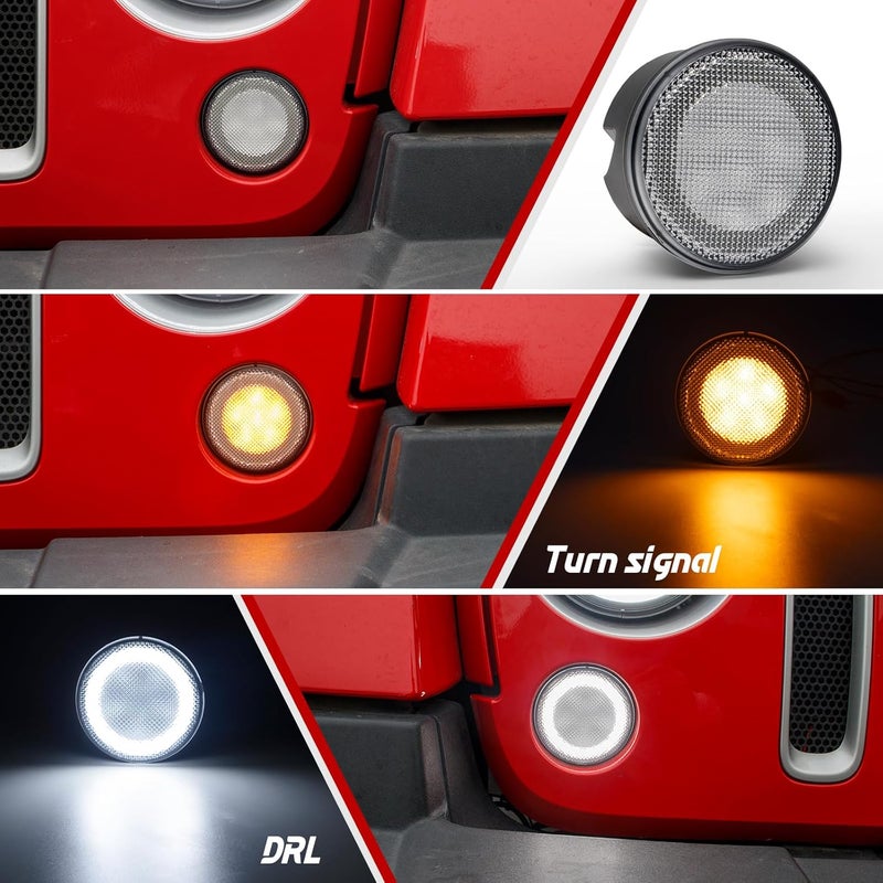 Aexploer LED Turn Signal Lights Compatible with Wrangler JK JKU 2007-2018, White Halo as Daytime Running Lights,Yellow Honycomb LED as Turn Signal 2PCS (Clear Lens) - Image 2